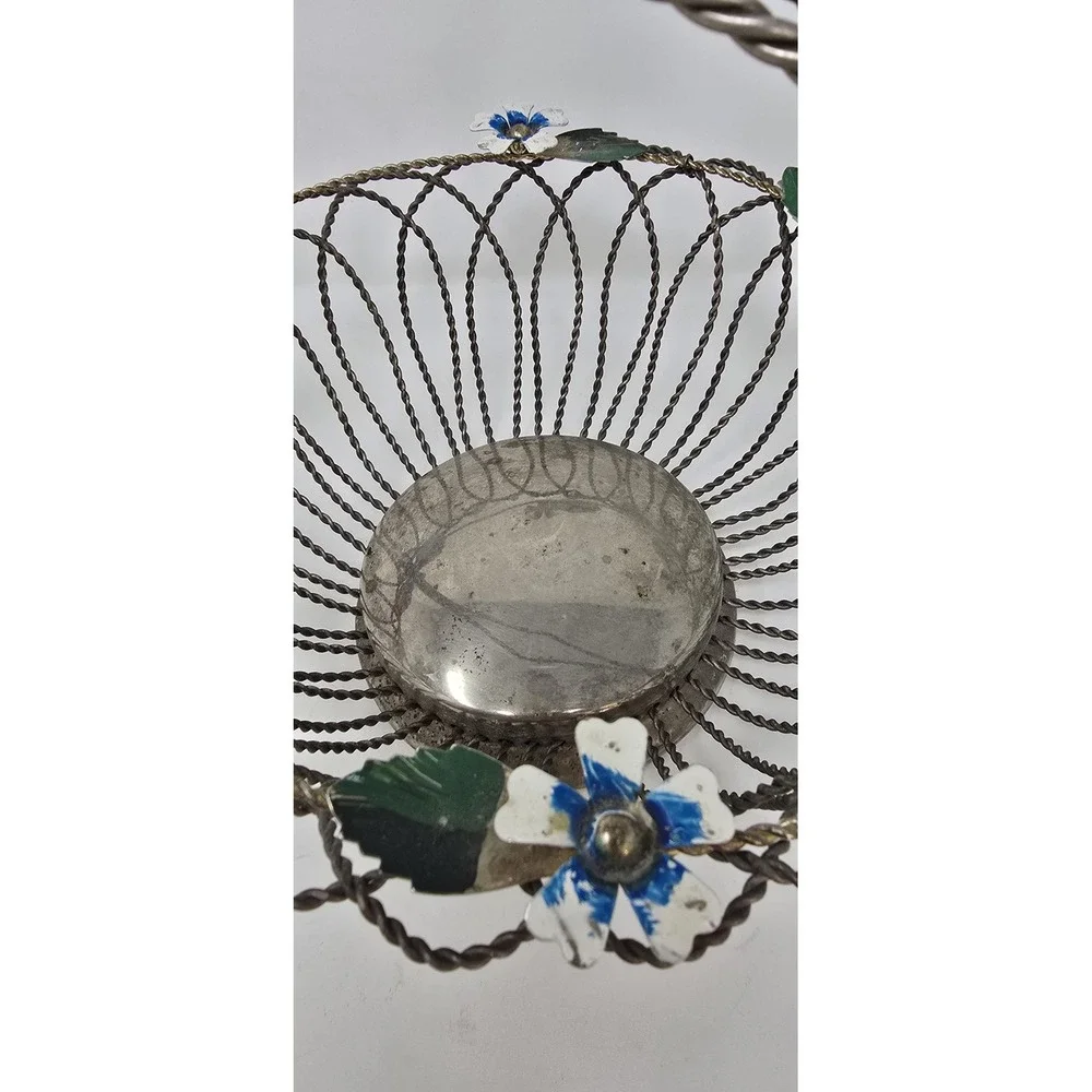 Vtg chrome metal wire fruit bowl basket retro flower kitchen‎ décor rustic